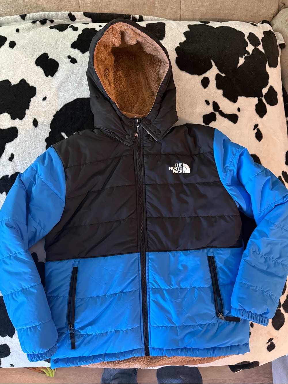 The North Face Black and Blue Puffer Jacket with Hood